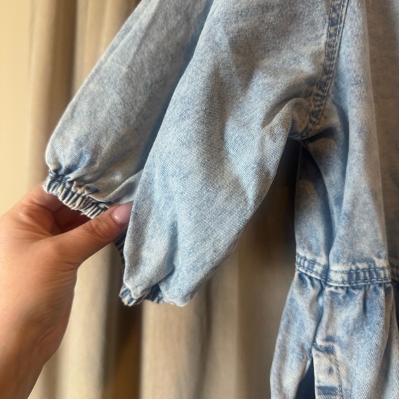 VEVERET‎ Babydoll Peasant Boho Raw Hem Pockets Puff Sleeves Denim Mini Dress M - Picture 5 of 9